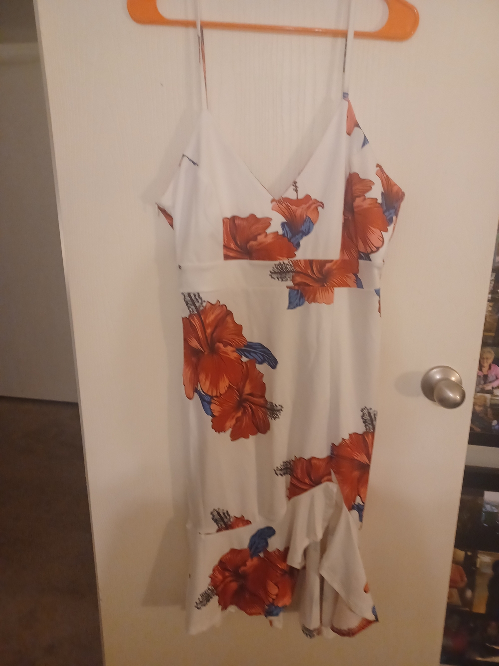 White Floral Slip Dress with Red-Orange Blooms